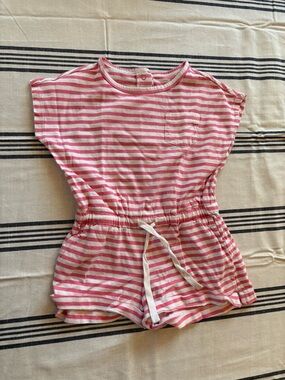 Primary Pink & White Striped Cotton Romper with Drawstring Waist